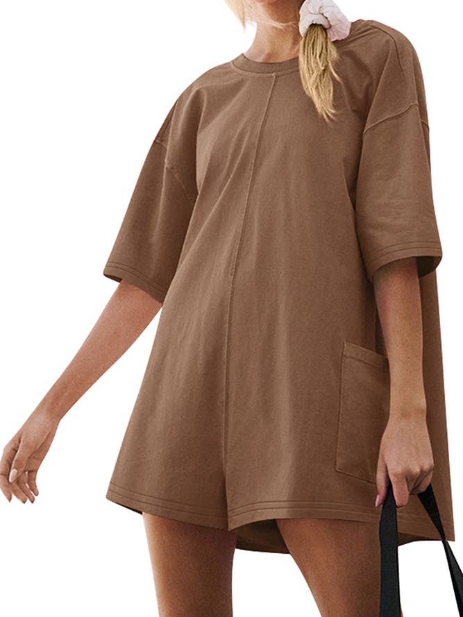 UNISHE - Wholesale Romper - Women's - Backless V Neck Short Sleeves Loose Pockets Romper ASJP0798