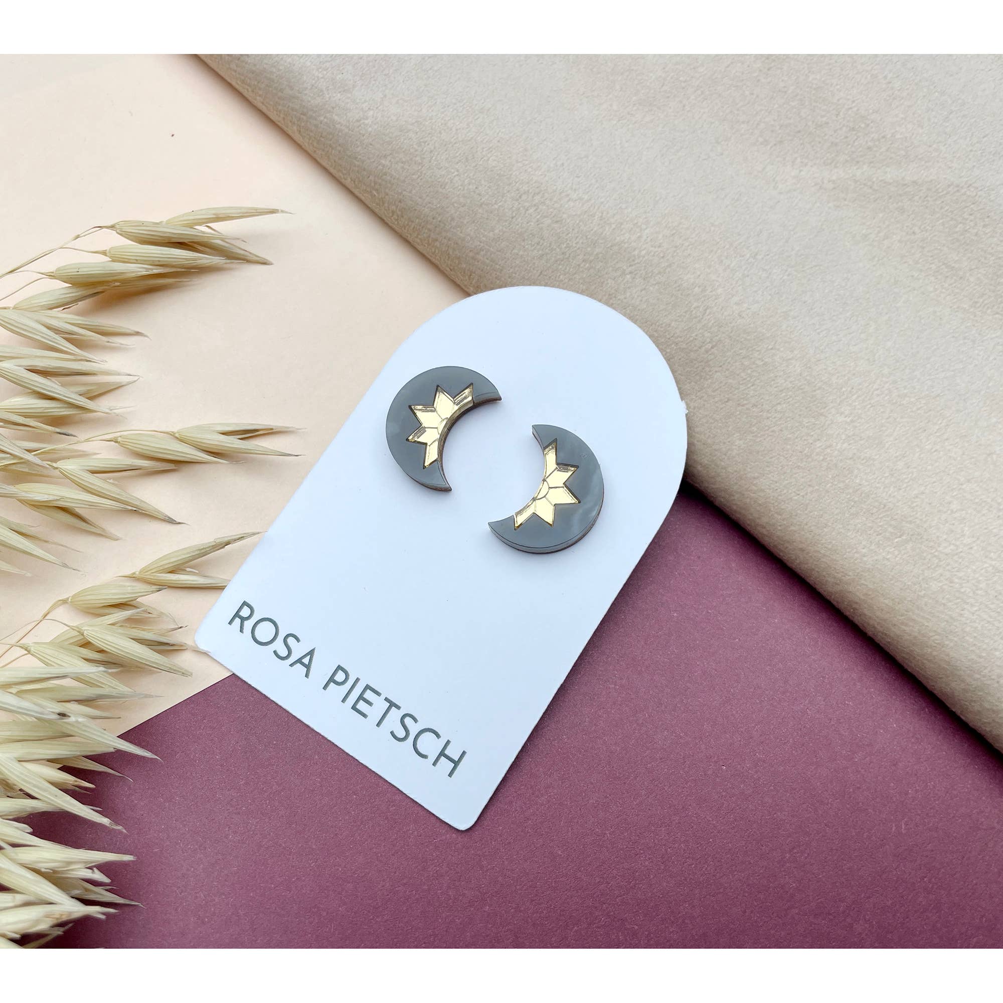 Rosa Pietsch – wholesale Stud/post earrings – Aurora Mini Moon Stud Earrings - Slate Marble & Gold1