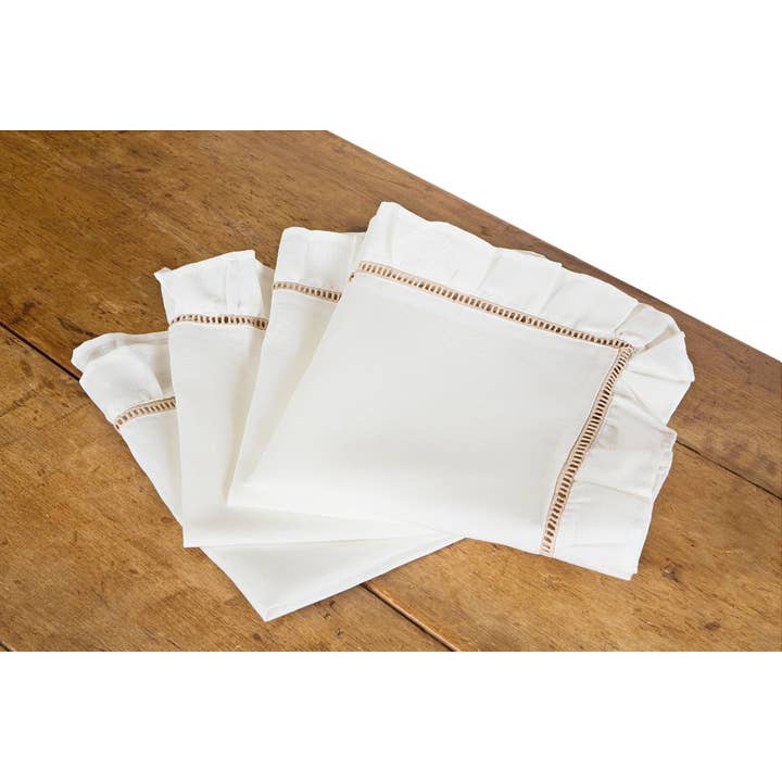 Ruffle Trim White and Natural Hemstitch Napkin - Set of 4 for wholesale by Xia Home Fashions & Manor Luxe