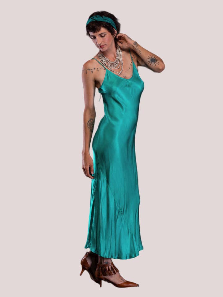 TABOO FASHION - Wholesale Slip – Women's - Marilyn Silk Satin Slip LongTeal1