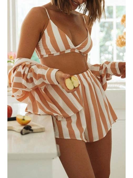 Orange Ladies Stripe Top and Shorts Daily 3PCS Set SKST1704 for wholesale on Faire10
