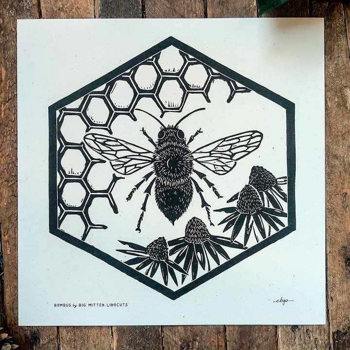 Bombus Linoprint for wholesale by Big Mitten Linocuts