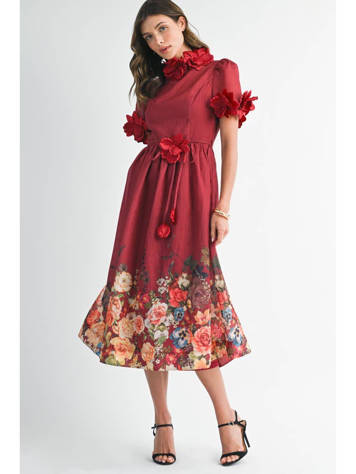 EB LUXE - Wholesale Dress - Women's - RD0026 3D Floral High Neck Short sleeve Midi Dress12