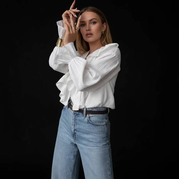 White V-Neck Ruffle Detail French Retro Style Long Sleeve Blouse for wholesale on Faire4