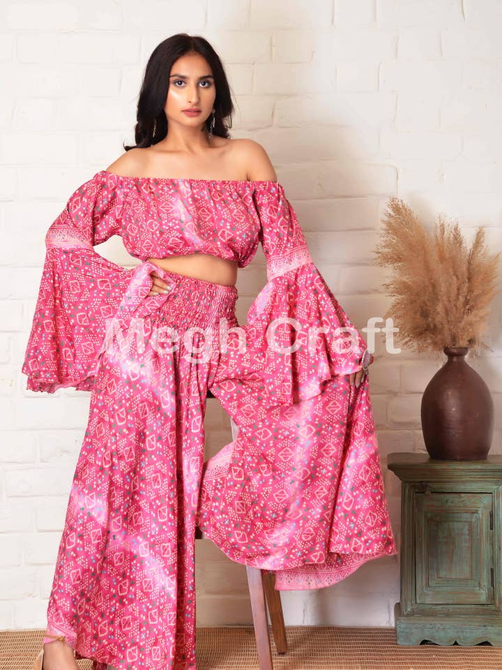Meghcraft - Wholesale Top & pants set (NOT Loungewear) – Women's - Silk Wide Leg Pant with Bell Sleeve Top Set Women
