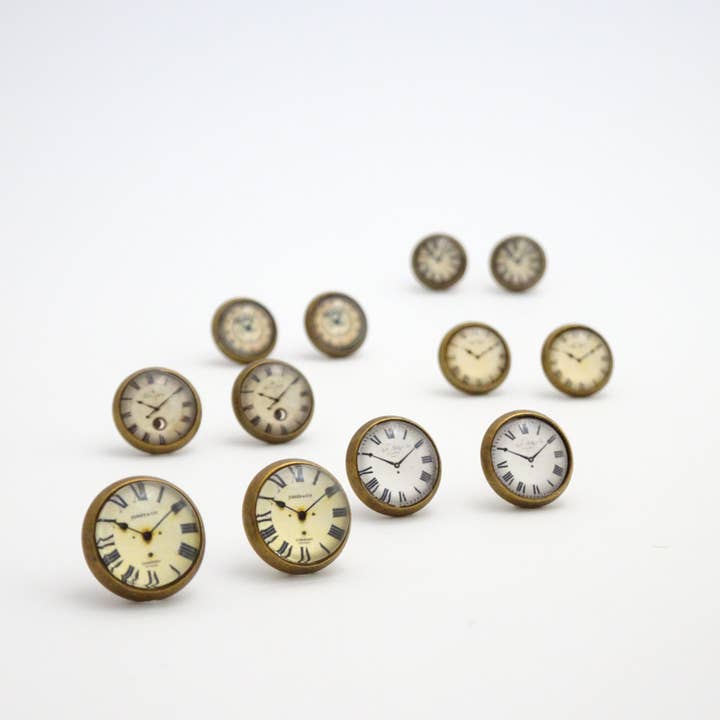 Clock Face Earrings | Steampunk Studs | Light Color | Bronze for wholesale by Accessory Alchemy