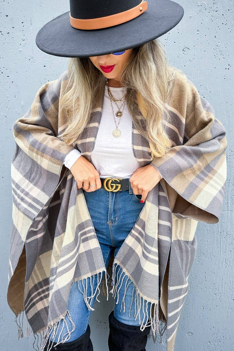 Grey Multi-Check Printed Ruana Cardigan With Tassel  for wholesale on Faire4