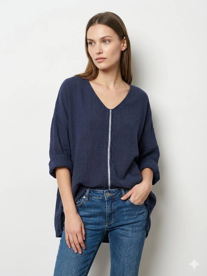 Top in garza di cotone a righe lurex @9241_HGazeLigneLux per la vendita all'ingrosso da parte di Mimi & Gogo