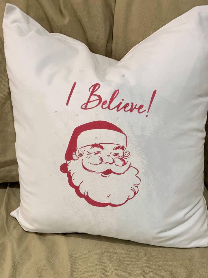 I Believe Santa Pillow With Feather Insert for wholesale by Monique Perry Art
