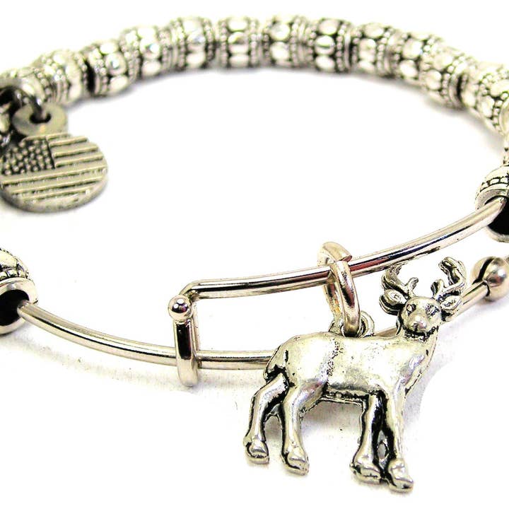 Adorable Deer Buck Metal Beaded Bangle Bracelet for wholesale by Chubby Chico Charms