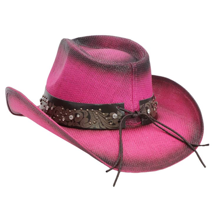Cap Zone - Wholesale Cowboy Hat - Unisex - Heart Bling Rhinestone Belt Ombre Straw Cowboy Hat8