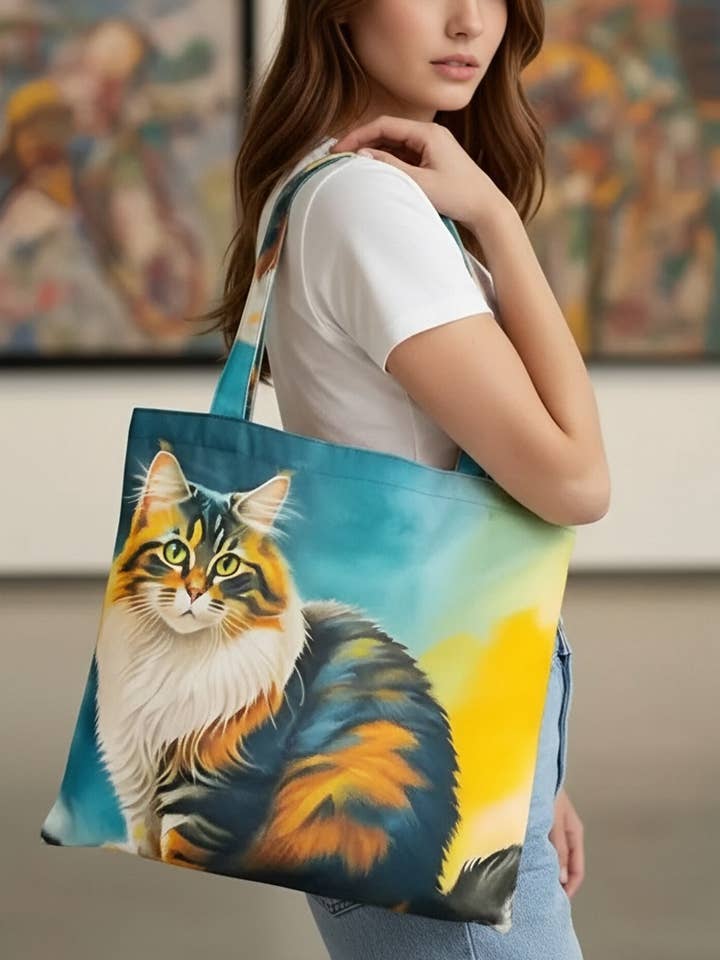 Teal & Orange Akvarel Tigerstribet Kat Lærredstaske for engroshandel hos JC Sunny Fashion