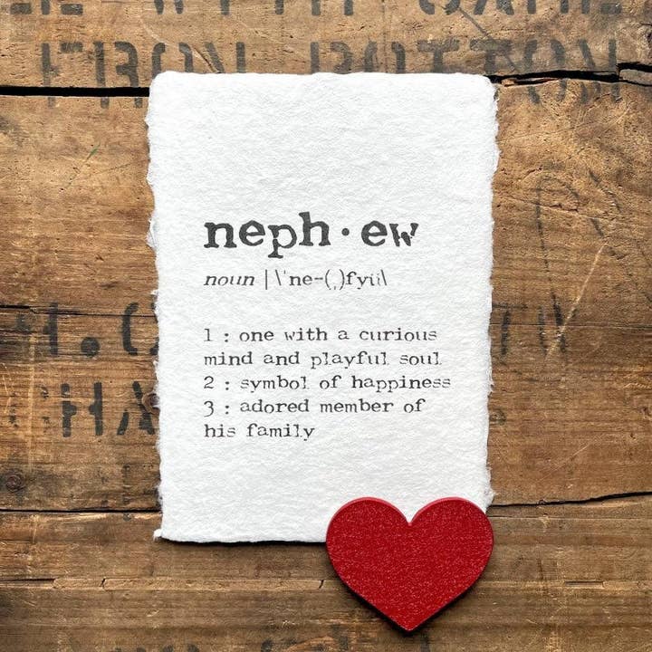 nevø definition print i skrivemaskine skrifttype på håndlavet papir for engroshandel hos Alison Rose Vintage