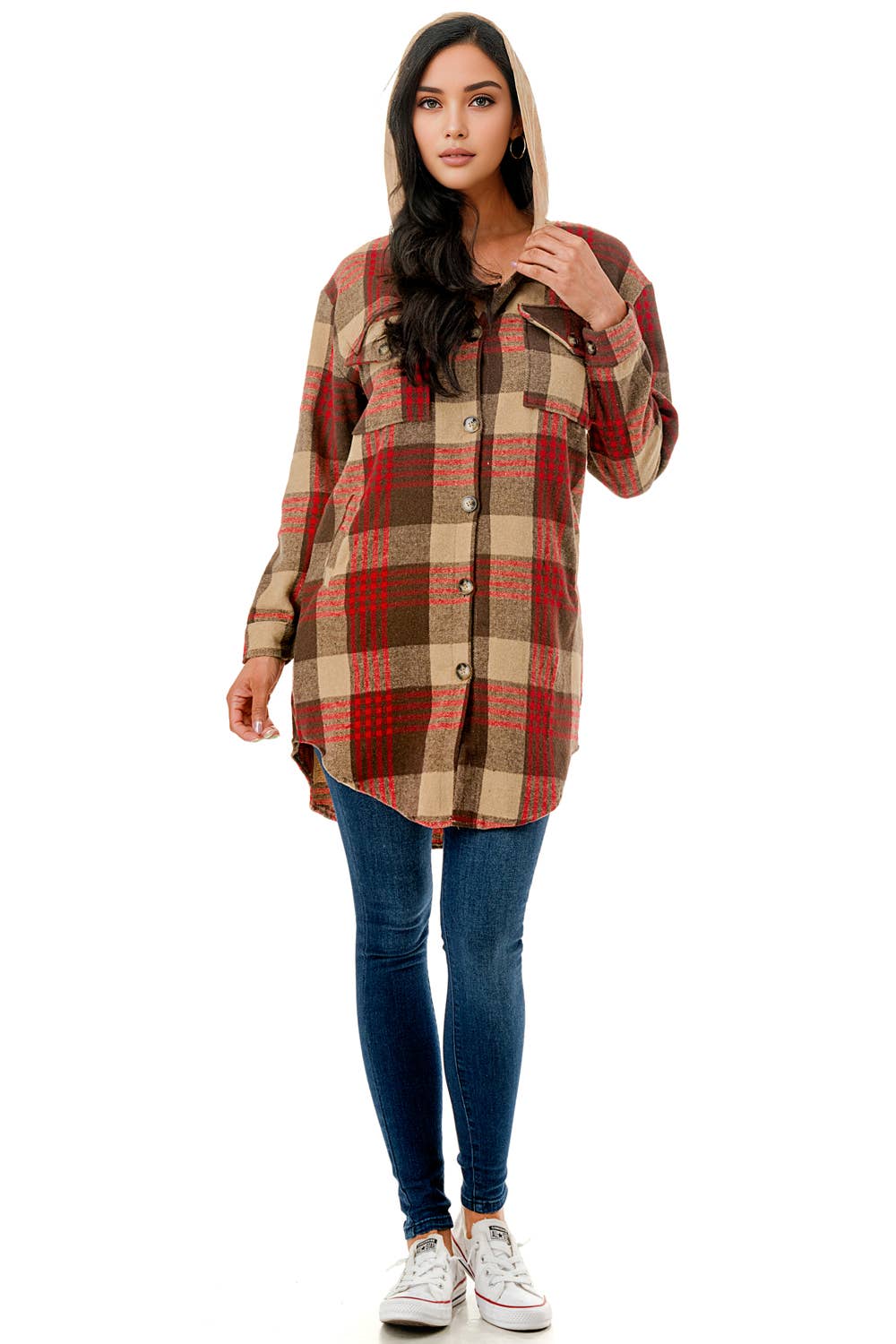 Color 5 - Wholesale Shirt Jacket/Shacket - Women's - Red beige plaid flannel long shacket with hoodie and pockets10