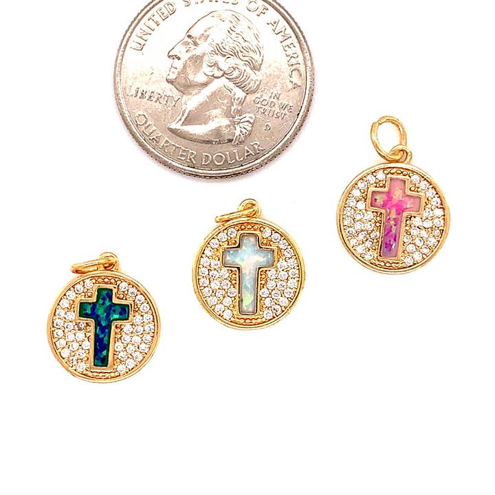 Gold Opal Cross Charm For Bracelet, Emerald Small Cross For for wholesale by The Bead Bazaar