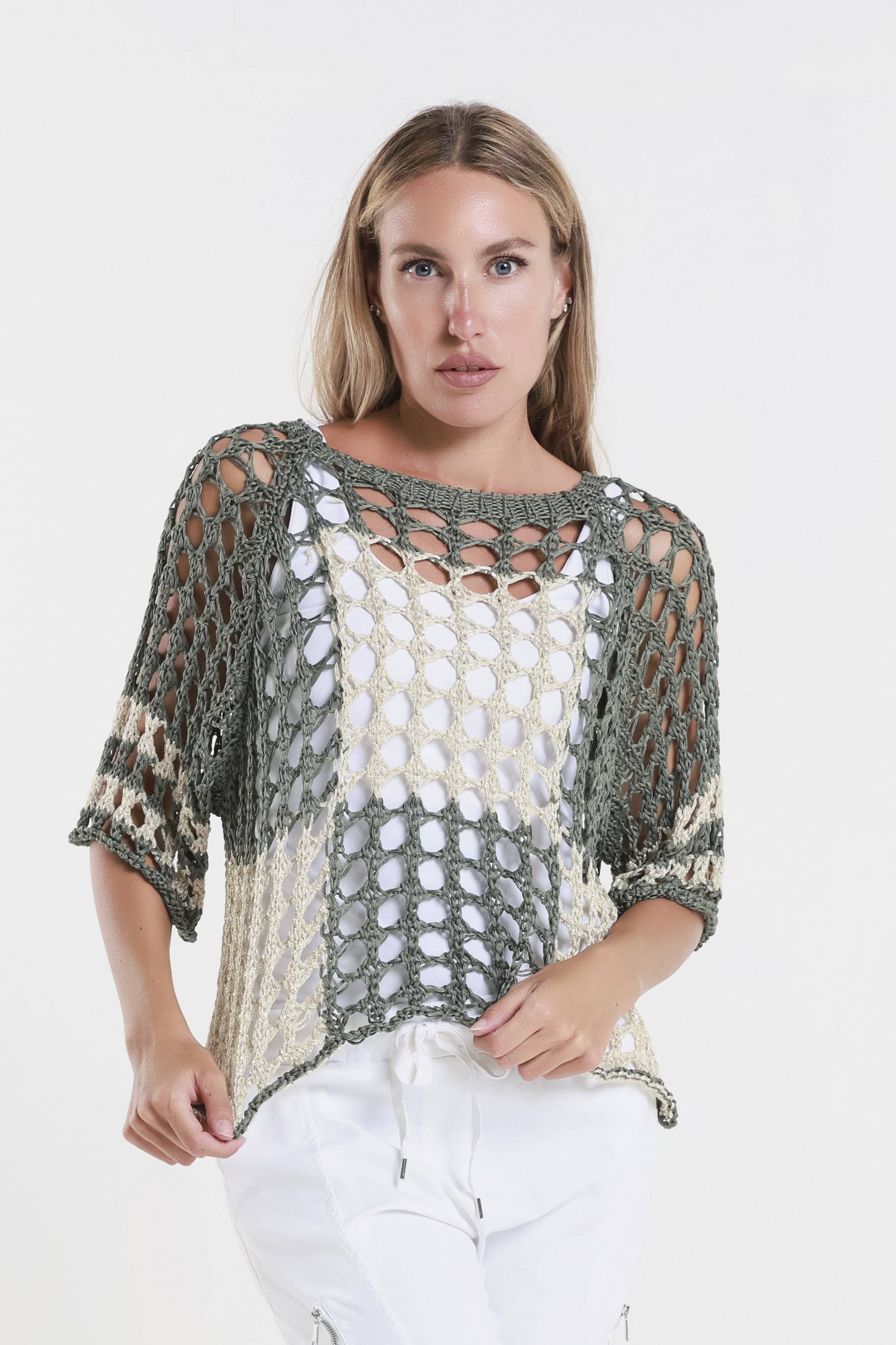 TINA Stephens Italy/Tees By Tina - Vendita all'ingrosso Maglione tricot - Donna - Doris Ballet Slv - Maglia quadrata bicolore (BQ906)12