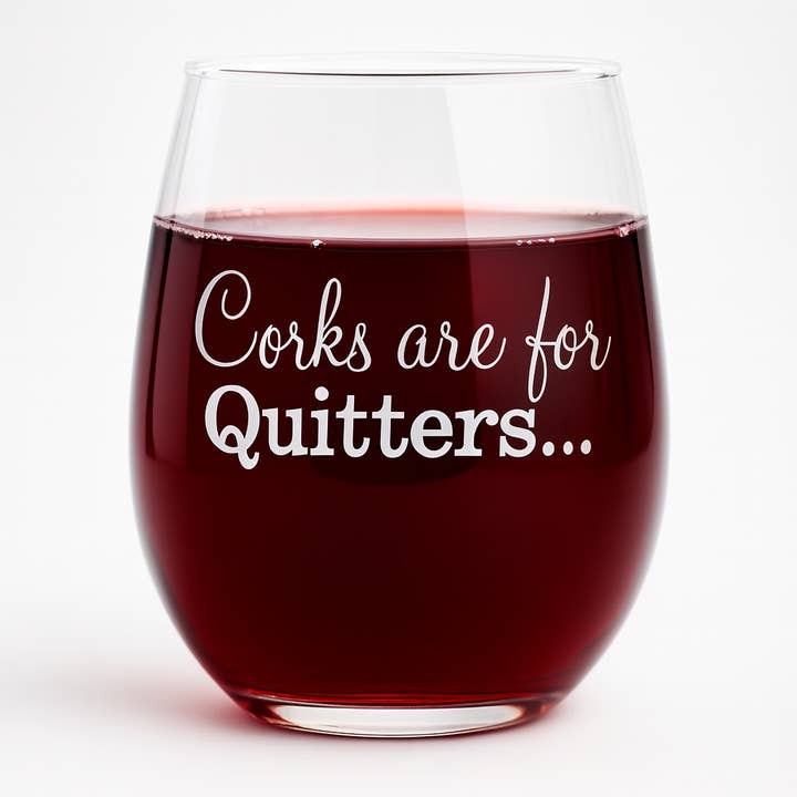 "Corks Are For Quitters" 15oz Stemless Wine Glass for wholesale by Pourware Inked