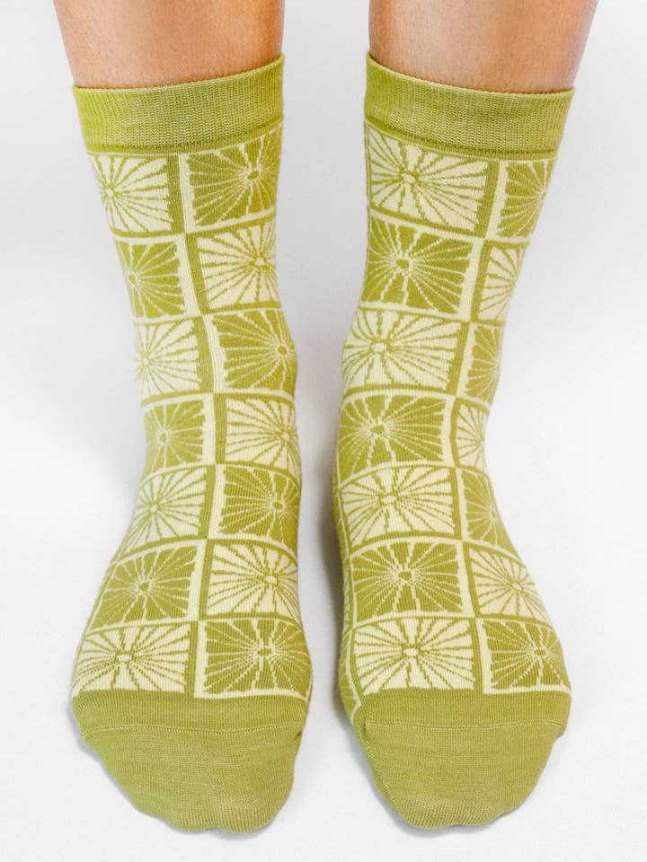 The SoulShine Co. - Wholesale Socks - Women's - Chartreuse Flower Checkers — Knit Ankle Sock1