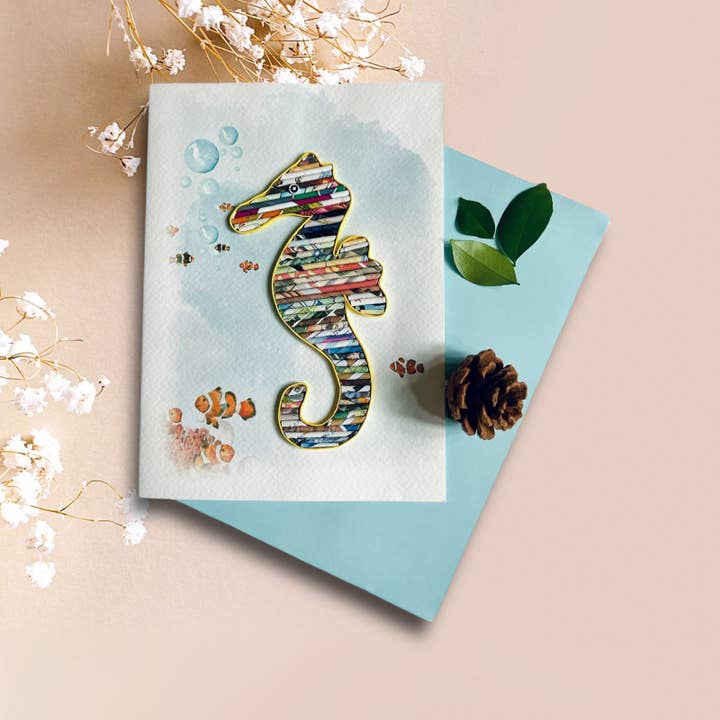 Loving Nature - Wholesale Everyday Greeting Card - Rolled Paper Seahorse Card Handmade from Recycled Magazine