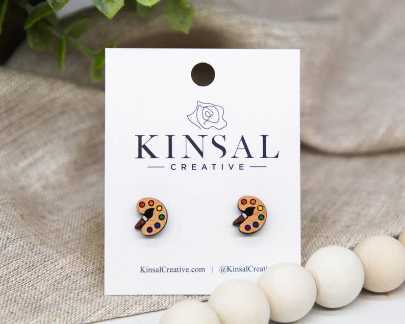 Kinsal Creative - Wholesale Stud/Post Earrings - Art Palette Wood Stud Earrings0
