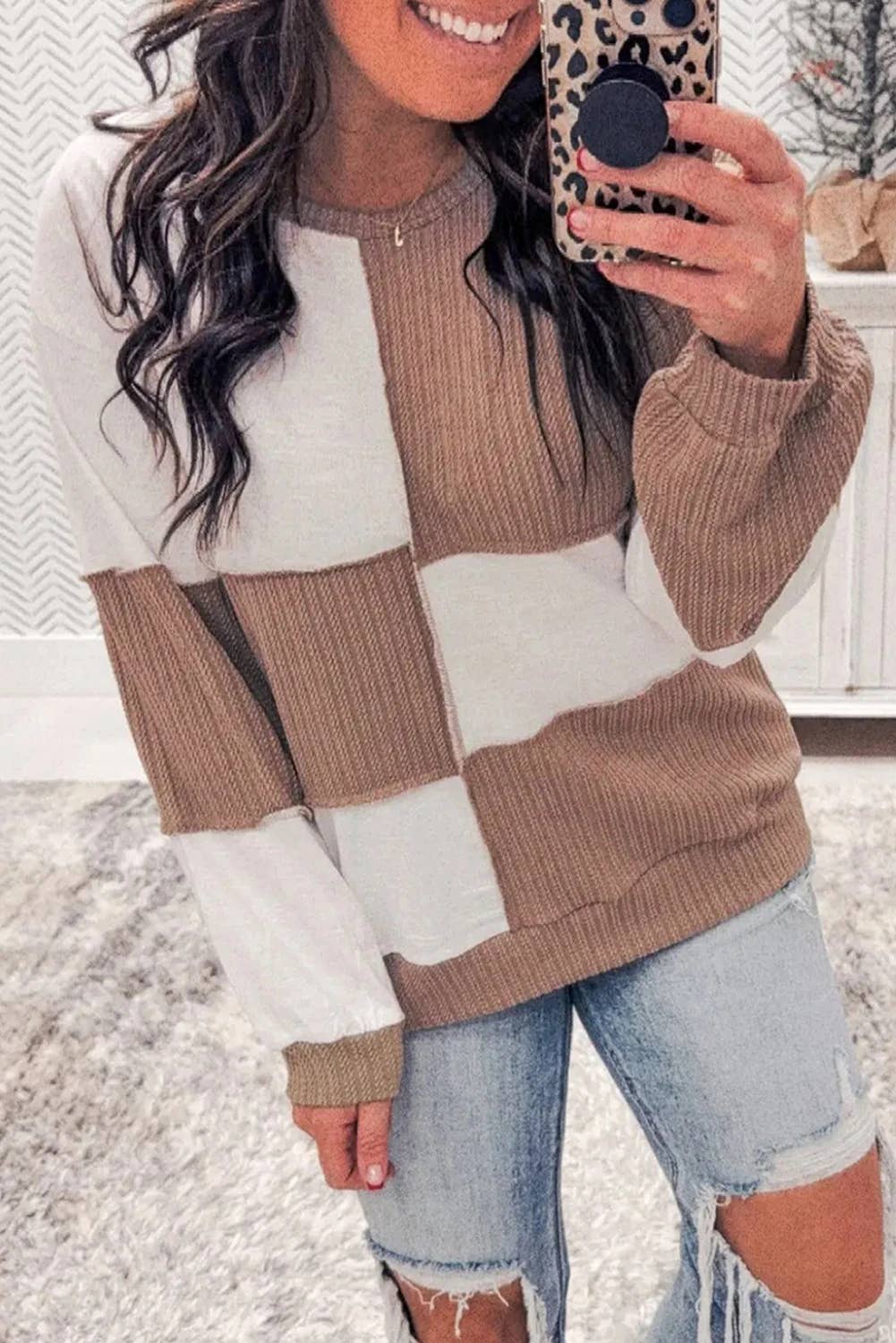 Khaki Colorblock Checkered Raw Seamed Round Neck Knitted Jumper for wholesale on Faire