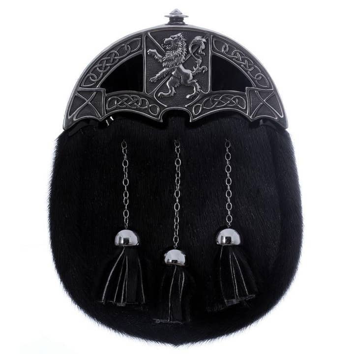 Full Dress Sporran - Lion and Saltire Design - Black Seal Skin - 2 Finishes for wholesale by The Scotland Kilt Company