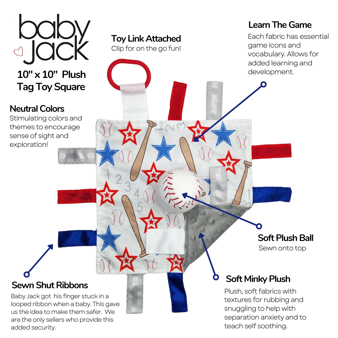 Baby Jack and Company - Wholesale Security/Cuddle Blanket - Baby - Baseball Baby Learning Lovey Tag Stroller Toy 10" x 10"4