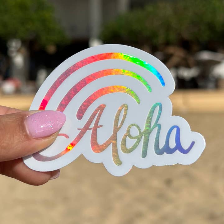Holographic Aloha Rainbow Sticker for wholesale by Aubrey Emi Designs