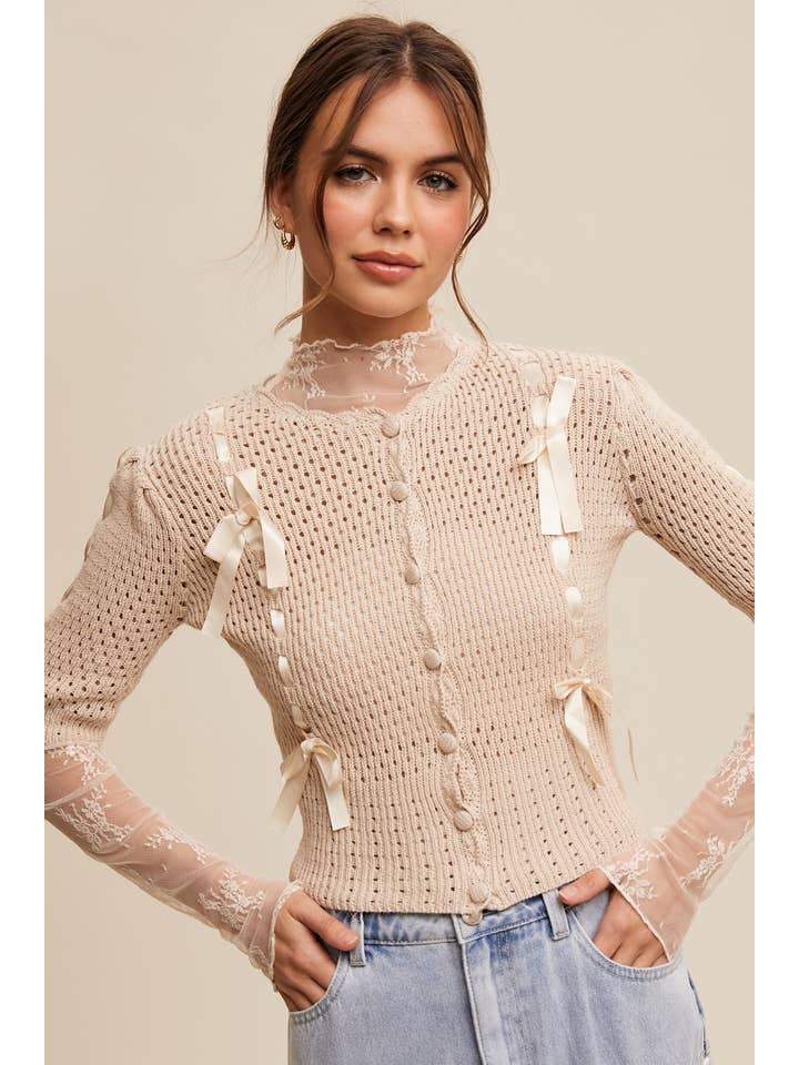 Listicle - Wholesale Cardigan - Women's - Pastel Knit Cardigan with Satin Bow Details