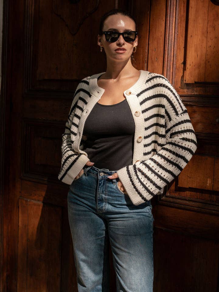 GINI LONDON - Wholesale Dress - Women's - Cream Stripe Cable Knit Crop Cardigan2