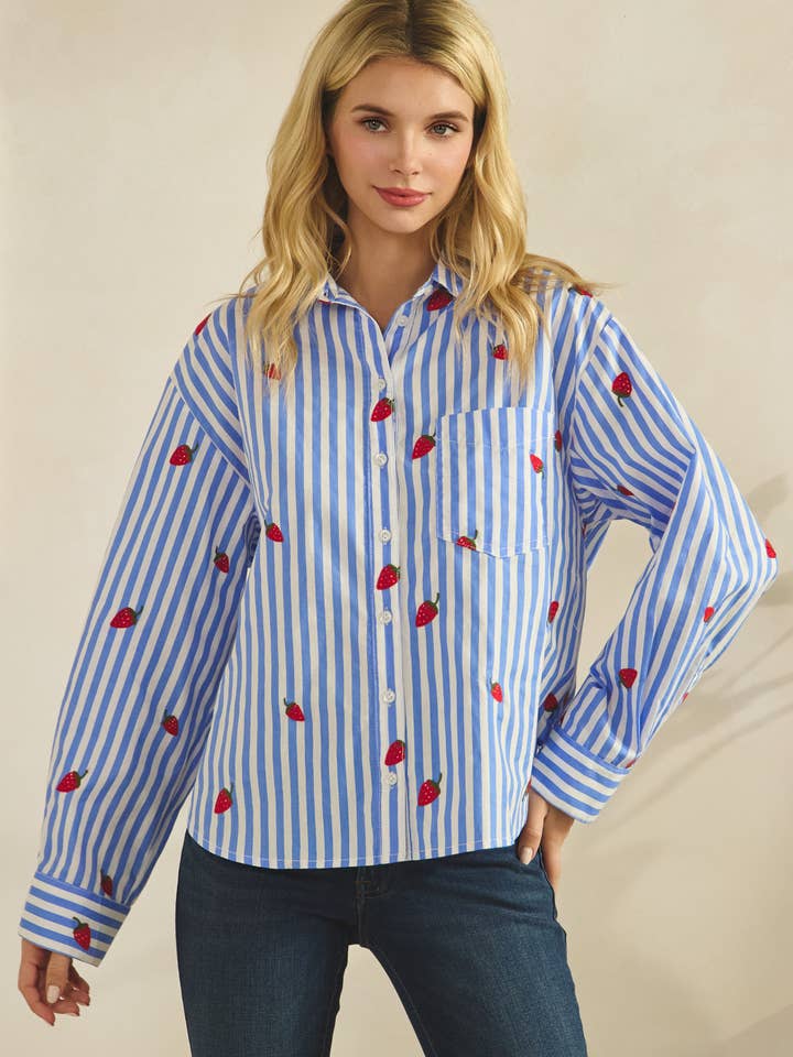 STRAWBERRY EMBROIDERY BUTTON DOWN BLOUSE - SDT6515 for wholesale by Star Drop
