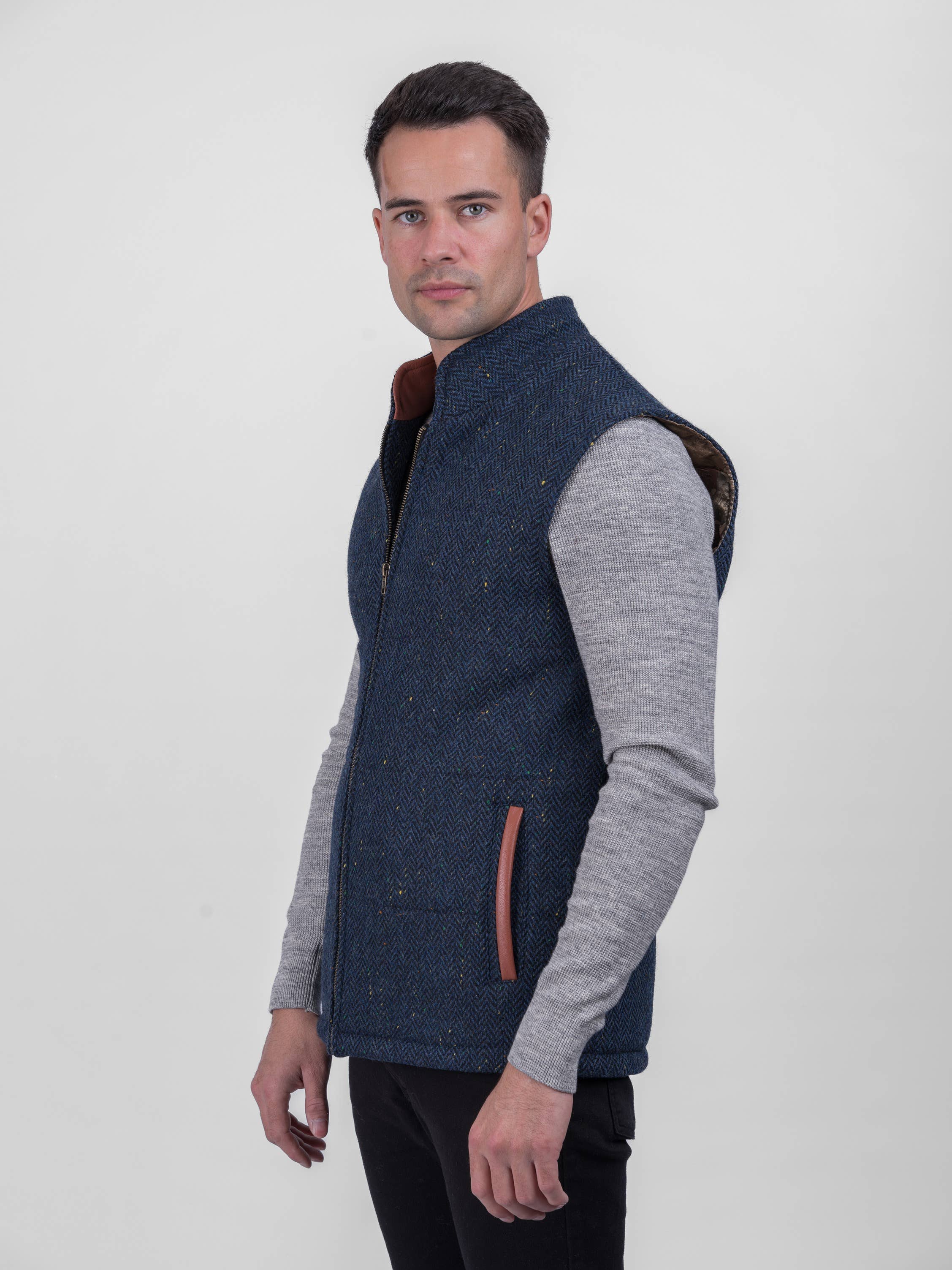 Blå Sildeben Blå kropsvarmer og vest med læderbeklædning for engroshandel på Faire4