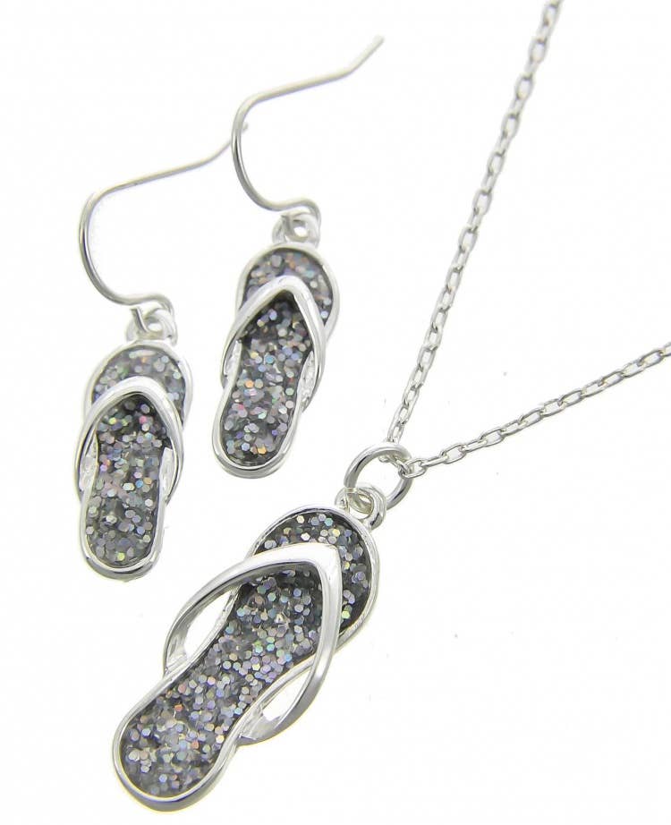 0011 PREMIERE – wholesale Jewellery set – FR7020 Glitter_Silver Flip Flop Necklace Set1