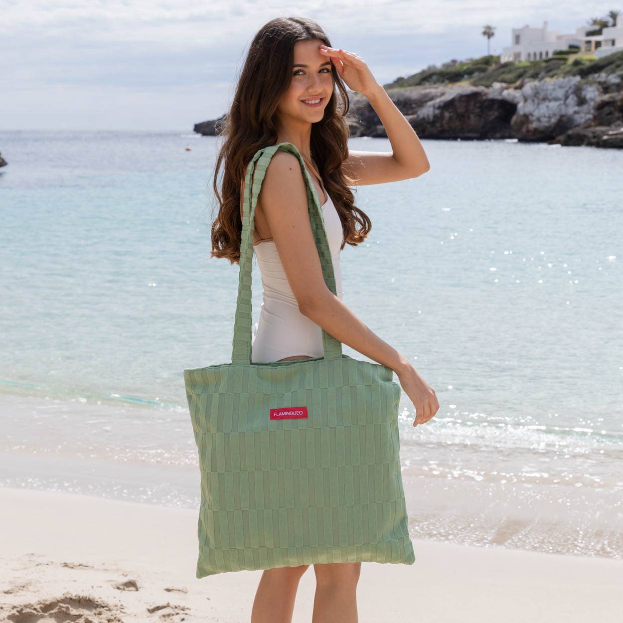 Flamingueo - Wholesale Beach Accessories - Green terry tote bag with stripes7
