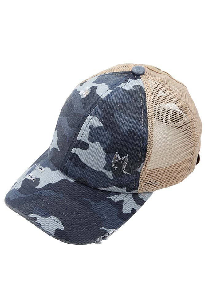 Hana - Wholesale Ponytail Cap - Women's - C.C Denim Camouflage with Crossed Elastic Band Pony Cap1