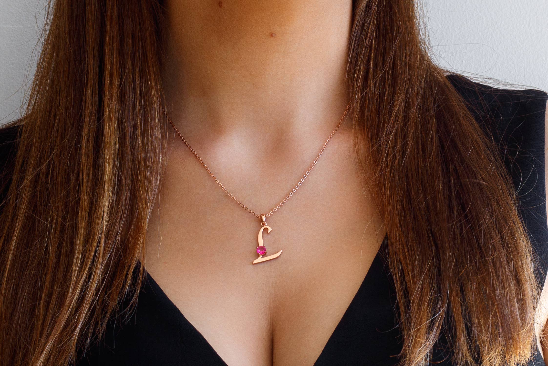 Thesoftcheek Jewelry - Wholesale Pendant/Charm Necklace - Initial Letter Necklace Silver Rose Gold Vermeil- Pink Topaz15