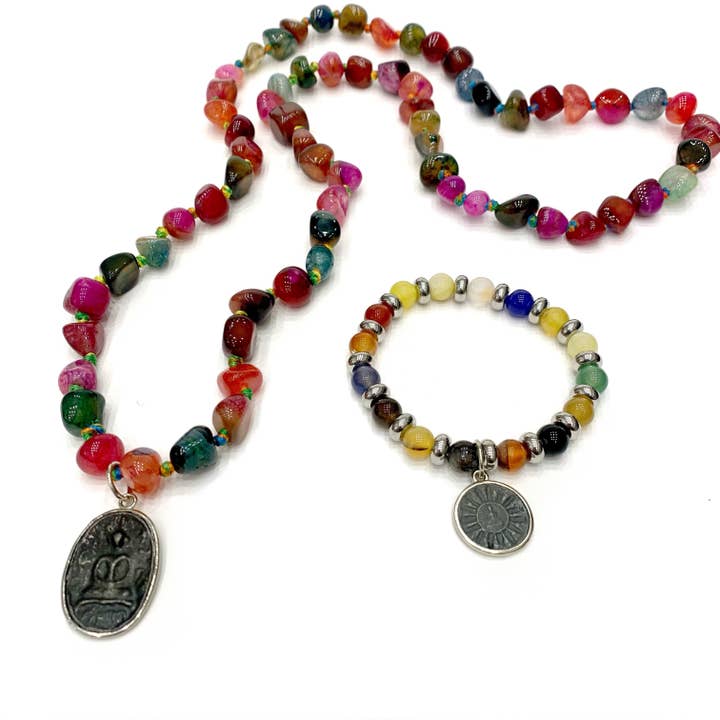 ARYA MULTICOLOR STONE ~ 7 CHAKRAS ~ NATURAL GEMSTONE NECKLACE with miniature BUDDHA pendant for wholesale by Atisha Spiritual Shop