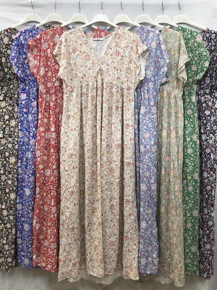 Mimi & Gogo - Wholesale Dress - Women's - Long dress with floral pattern and pleated effect @2198LF