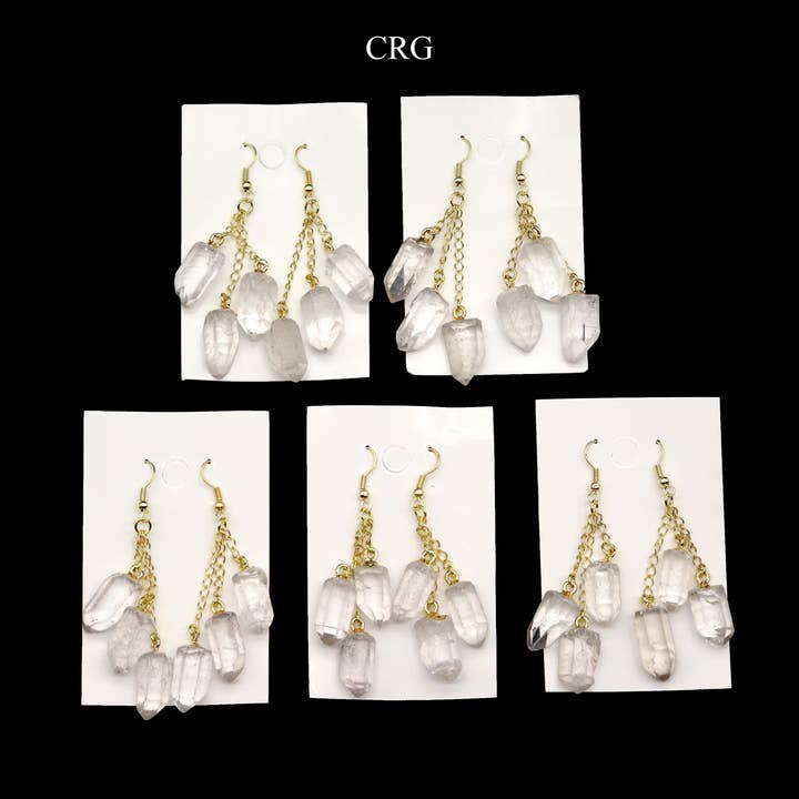 QTY 1 - 3-Point Quartz Dangle Earrings With Gold Ear Wire / 1-2" AVG for wholesale by Crystal River Gems LLC