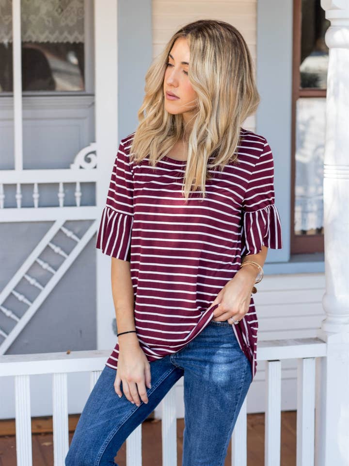 Tickled Teal - Wholesale Blouse - Women's - The Flare Sleeve Stripe Payton Top10