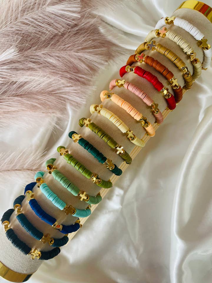 cross accent - heishi bead bracelet for wholesale by handmade by helen