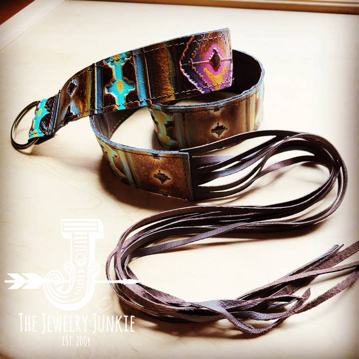 Magenta Navajo Leather Belt with Leather Fringe Closure 905o for wholesale by The Jewelry Junkie