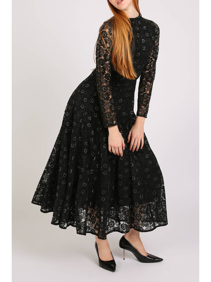 Black Hollow Out Floral Lace Mesh A-Line Maxi Dress PC3859 for wholesale on Faire