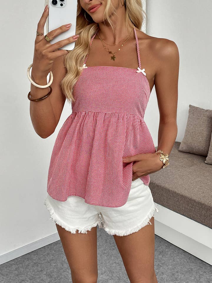 Rosso Top Babydoll Vintage a Quadri Rossi con Collo Allacciato e Schiena Scoperta in vendita all'ingrosso su Faire4
