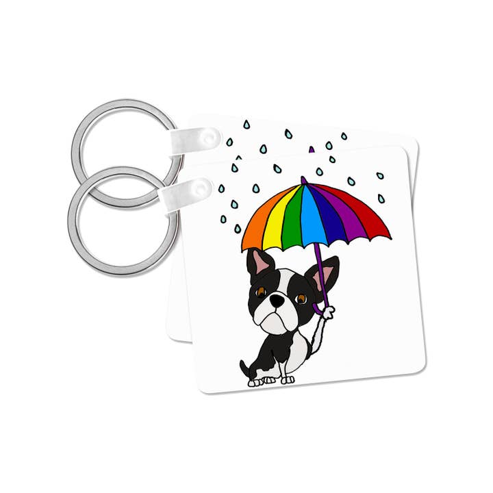 3dRose, Schattige Grappige Boston Terriër Hond met Regenboogparaplu Cartoon, Sleutelhanger voor wholesale door 3dRose