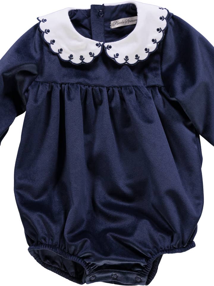 Body da bambina blu marino con colletto ricamato per la vendita all'ingrosso da parte di Piccola Speranza