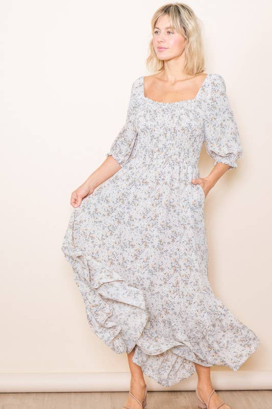 Elloh Collection – wholesale Dress – Women's – Sweetheart Half Sleeve Handkerchief Hem Floral Maxi Dress3