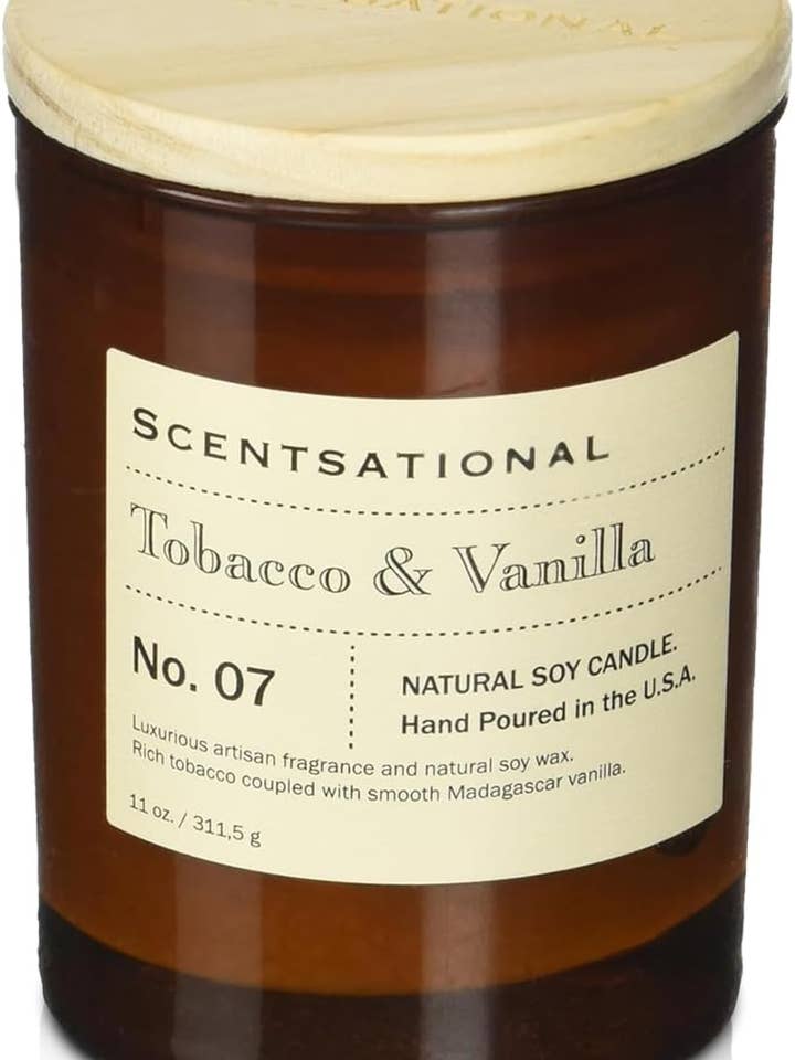 Scentsational Apothecary Tobak & Vanilje Lys – 11 oz Håndhældt Sojavoks Krukkelys – Ikke-giftige Luksuslys til Hjemmedekoration & Afslapning – Varm Vanilje & Tobak Duftlys for engroshandel hos Scentsational Candles