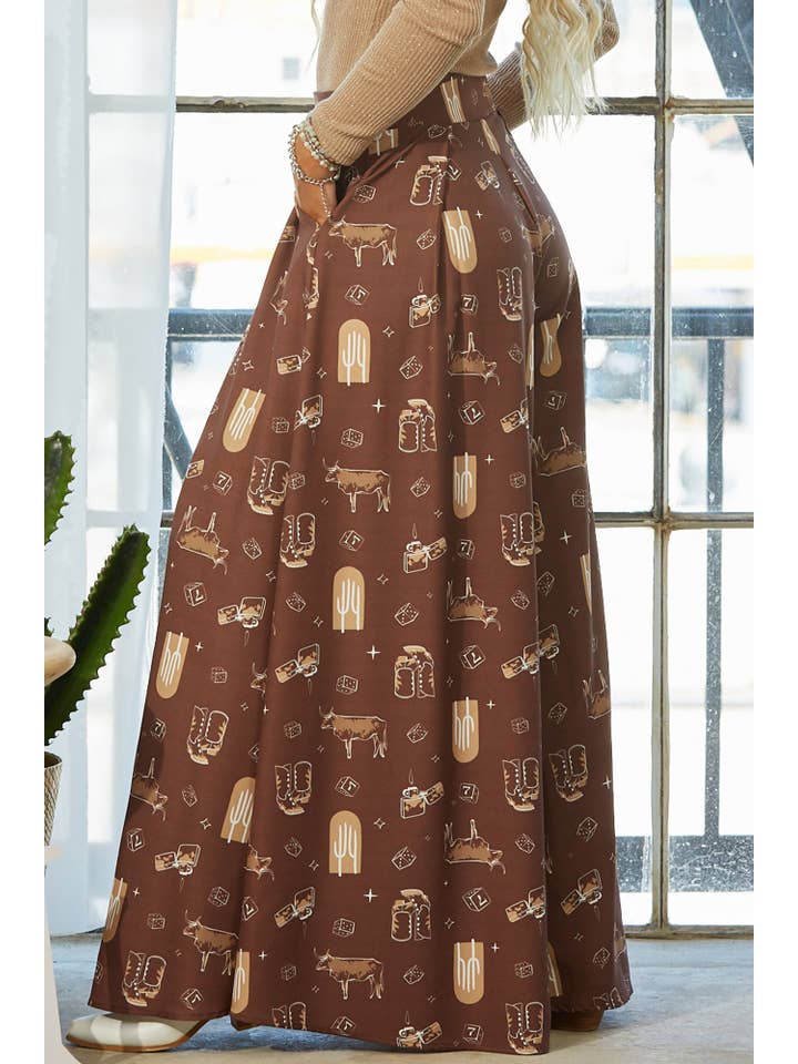 Print P919-4663-Western Farm Fabric Flare Wide Leg Palazzo Pants for wholesale on Faire4