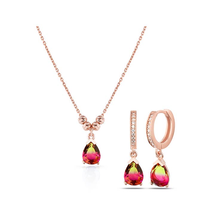 Tourmaline Teardrop 925 Sterling Silver Necklace and Earring Jewelry Set for wholesale by Azuris Silver